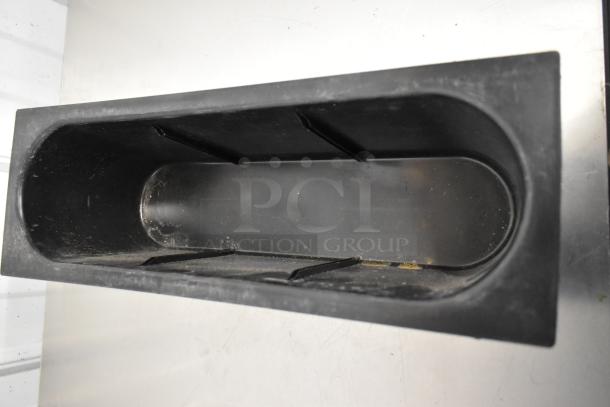 Black poly bin with interior compartments, part of a lot including a metal pan and poly rack. Good condition.