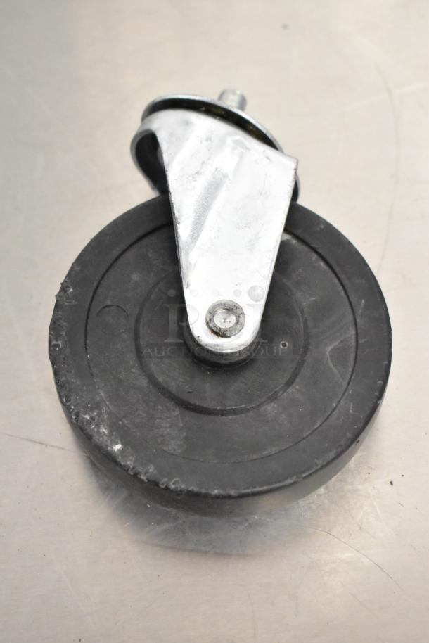 Rubber and metal commercial caster with metal bracket, part of a 14-item auction lot featuring casters and metal legs.