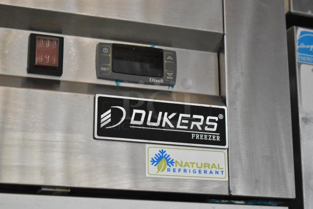 Dukers D28AF commercial freezer control panel with Dixell display and labels indicating natural refrigerant use.