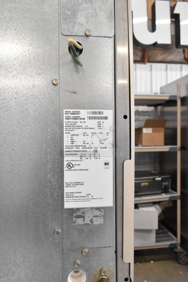 2018 Ice-O-Matic ICE1406HW7 ice machine head with ICE B110PS bin, 208-230V, 1 phase. Labels show model and serial numbers.
