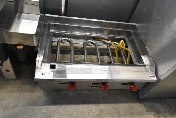 2024 Cookline CCB-36 commercial gas grill, missing grates. Stainless steel, 90,000 BTU, red control knobs, model label visible.