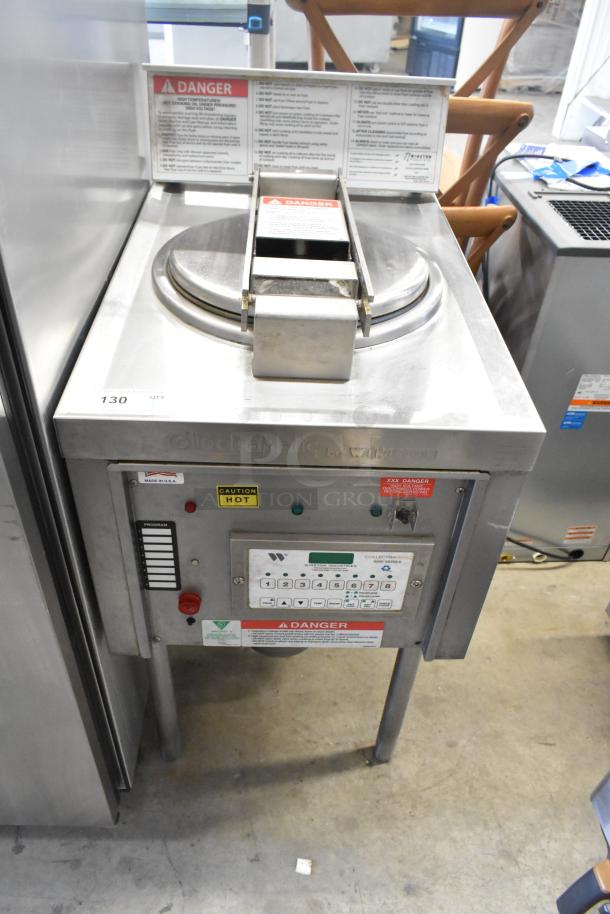 2022 Winston CollectraMatic LP46C32SJ stainless steel commercial electric deep fryer, 208 volts, 1 phase, labels indicate caution and hot surface warnings.