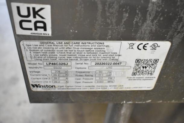 2022 Winston CollectraMatic LP46C32SJ electric pressure deep fat fryer label; 208V, 1 phase, stainless steel, model details.