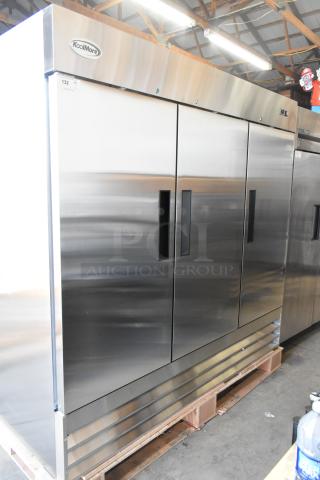 BRAND NEW KoolMore RIF-3D-SS 3 Door Reach-In Freezer, commercial, 115V, 1 Phase, stainless steel, minor scratch and dent.