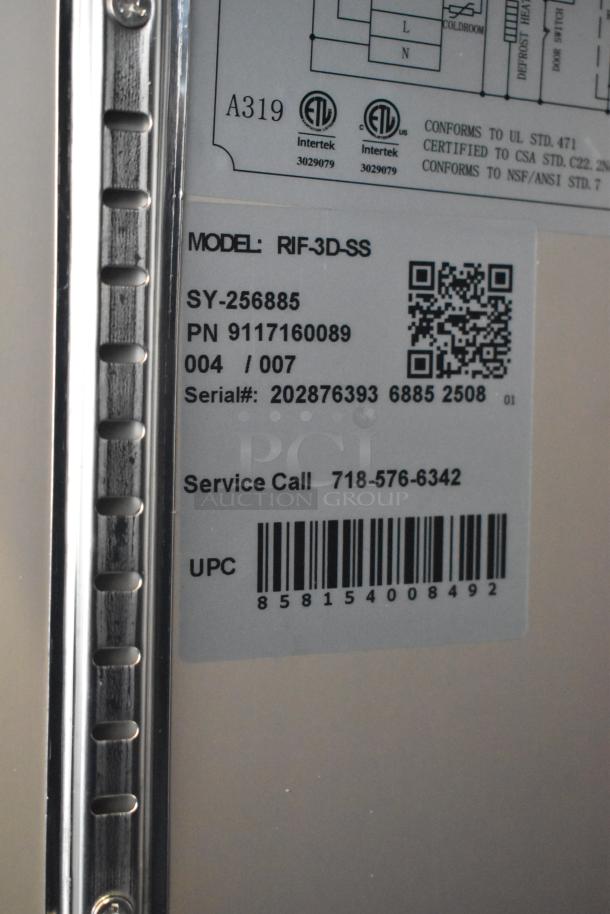 Label on KoolMore RIF-3D-SS freezer showing model, serial number, QR code, and UPC. Includes service contact.