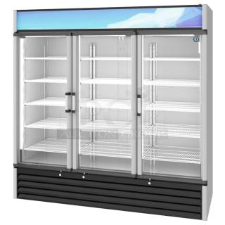Brand new 2021 Hoshizaki RM-65-HC commercial 3-door reach-in cooler. 115 volts, 1 phase, visible shelving, pristine condition.