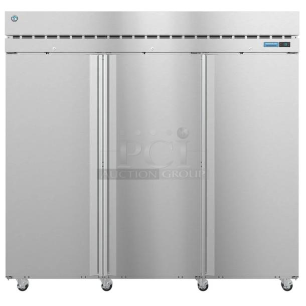 Brand new Hoshizaki R3A-FS commercial 3-door reach-in cooler with commercial casters, 115 volts, 1 phase.