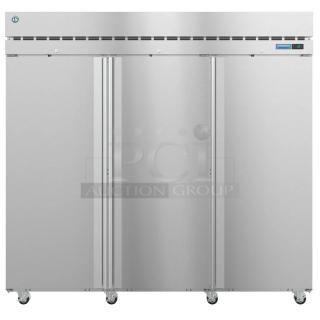 Brand new Hoshizaki R3A-FS commercial 3-door reach-in cooler with commercial casters, 115 volts, 1 phase.