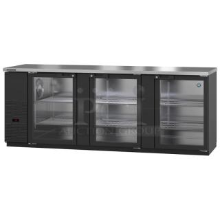 Brand new 2022 Hoshizaki BB95-G 3-door back bar cooler, 115 volts, 1 phase, with glass doors and internal shelving.