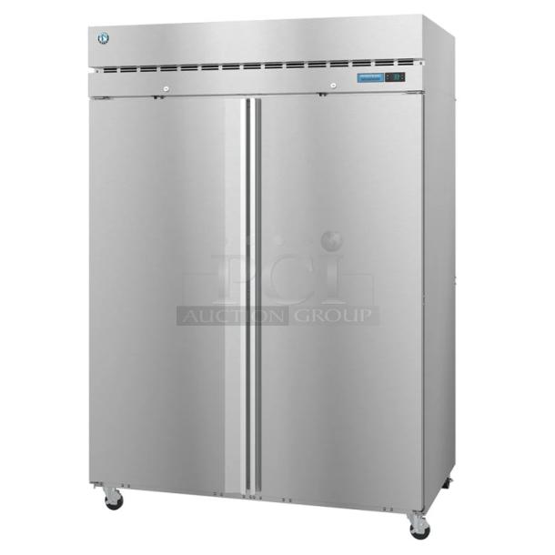 Brand new 2025 Hoshizaki F2A-FS 2-door reach-in freezer, 115V, 1 phase, stainless steel finish, on casters.