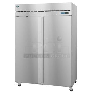 Brand new Hoshizaki F2A-FS 2-door commercial freezer, stainless steel, 115 volts, 1 phase. Digital display visible.