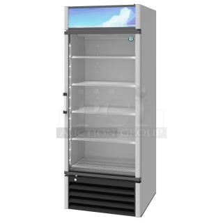 Brand new 2024 Hoshizaki RM-26-HC-L commercial single door reach-in cooler, 115 volts, 1 phase, glass door, multiple shelves.