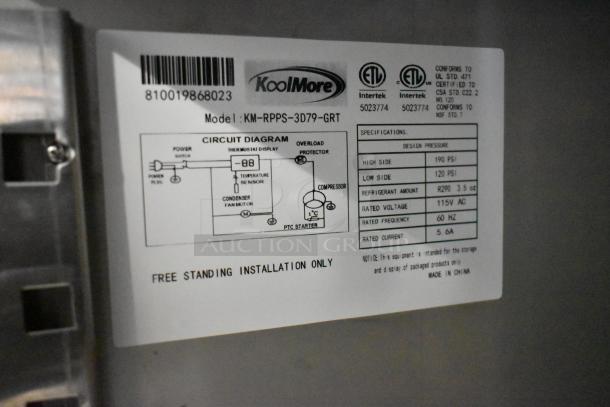 Label on KoolMore KM-RPPS-3D79-GRT cooler, showing specifications and installation instructions. 115V, 1 phase.