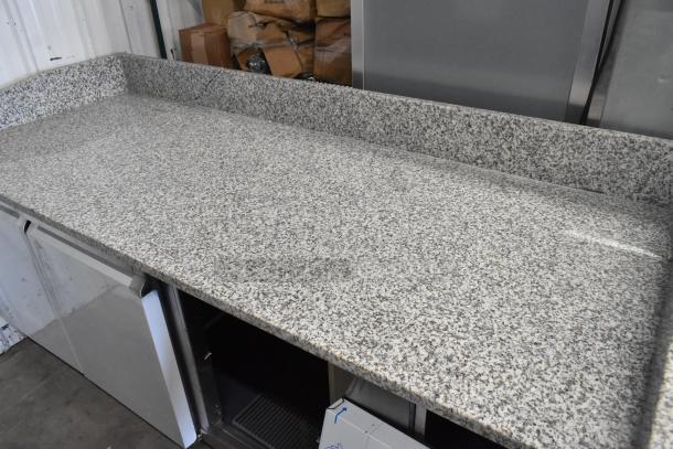 KoolMore KM-RPPS-3D79-GRT cooler with granite countertop, 3 doors, casters, crack visible in granite, 115V, new condition.