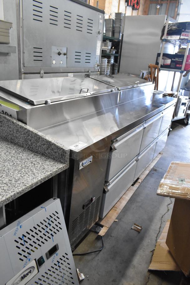 Brand new Avantco 178SSPPT3H commercial pizza prep table, 6 drawers, 115V, 1 Phase, minor scratches, stainless steel.