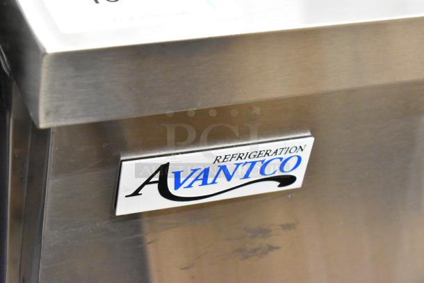 Brand new Avantco 178SSPPT3H commercial pizza prep table, stainless steel, with "Refrigeration Avantco" label.