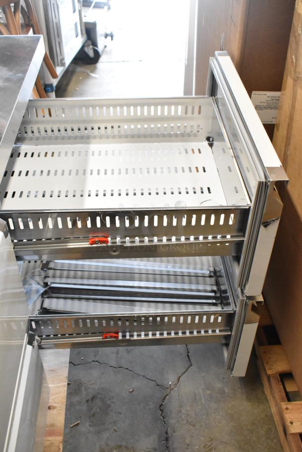 Brand new Avantco 178SSPPT3H commercial pizza prep table with 6 drawers, showing open drawer detail, 115V, 1 phase.
