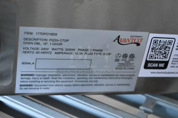 Label on Avantco 177DPO18DS Commercial Double Deck Oven, showing voltage, wattage, and safety warnings. Plug type 6-20P.