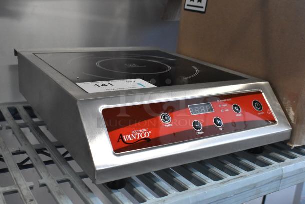 Brand new Avantco IC3500 countertop induction cooker, 208-240V, minor scratches, red control panel with digital display.