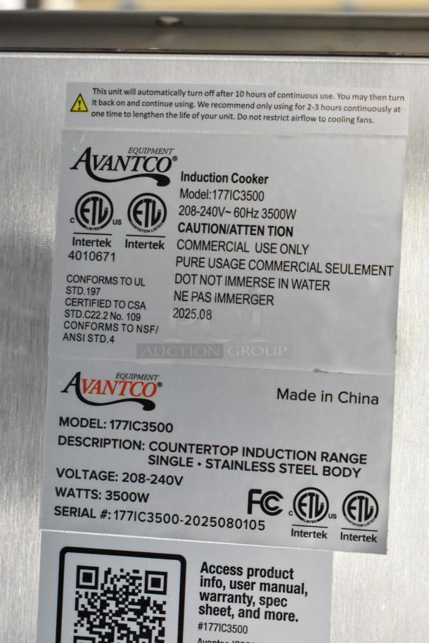 Avantco 177IC3500 induction cooker label, 208-240V, 3500W, commercial use, stainless steel, model 177IC3500, made in China.