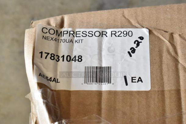 BRAND NEW SCRATCH AND DENT! Embraco NEX4170UA Compressor, 115-127V, 1 Phase, Model 17831048. Box shows slight damage.
