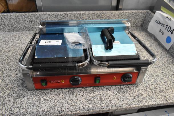 BRAND NEW 2025 Avantco 177PG400 Dual Panini Grill, grooved plates, 19 5/8" x 9 1/8" surface, 120V, with labels and packaging.