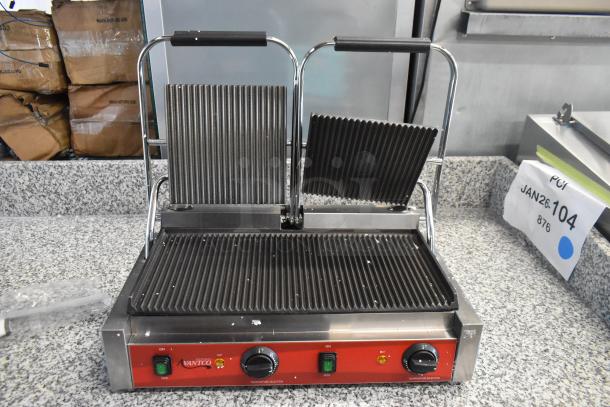BRAND NEW Avantco 177PG400 Panini Grill, dual grooved plates, 19 5/8"x9 1/8" surface, 120V, scratch and dent condition.