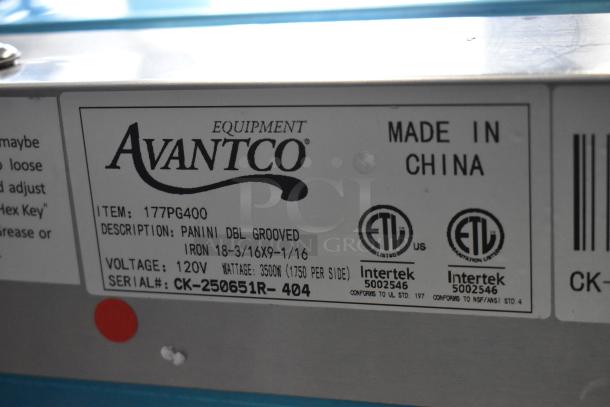 BRAND NEW 2025 Avantco 177PG400 Dual Panini Sandwich Grill, grooved plates, 19 5/8"x9 1/8" surface, 120V, ETL certified.
