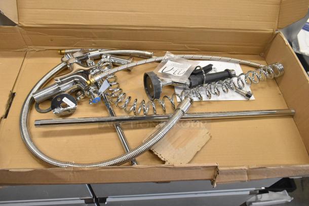 BRAND NEW Assure 190PRDX deck-mounted pre-rinse faucet, single inlet, scratch and dent condition, chrome finish, in box.