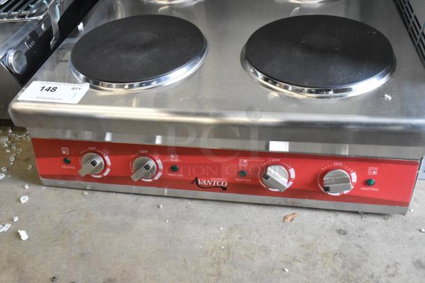 Brand new Avantco 177CER400 4-burner countertop electric range, scratch and dent, 208/240V, 1 phase, red knobs.
