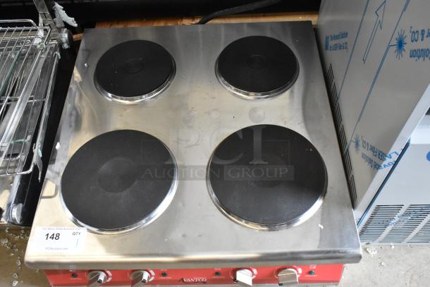 Brand new Avantco 177CER400 4-burner French-style electric range, scratch and dent, 208/240V, 1 phase, solid burners.