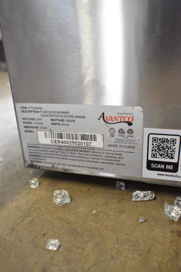 Avantco 177CER400 4-burner solid French-style countertop electric range, new scratch and dent, 208/240V, 1 phase, label visible.