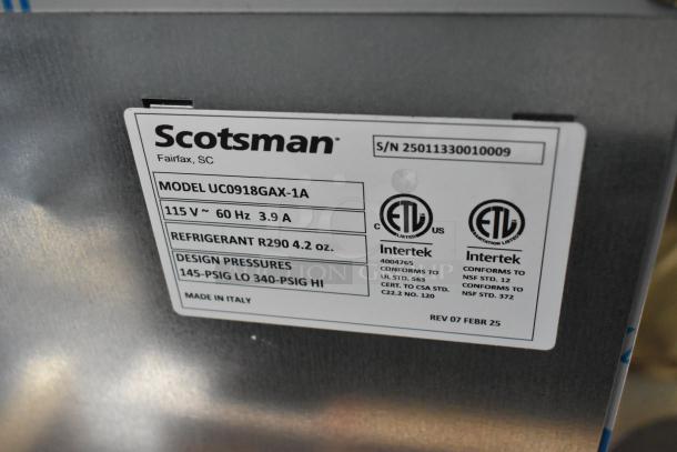 BRAND NEW 2025 Scotsman UC0918GAX-1A undercounter ice machine, 115V, with label showing specs: refrigerant R290, ETL listed.