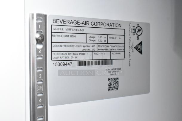 Beverage Air MMF12HC-1-B freezer label shows model, refrigerant R290, 115V, 11.9 Cu. Ft., UL listed, QR code included.