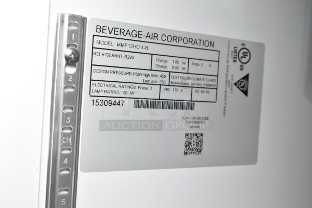 Beverage Air MMF12HC-1-B label showing model, refrigerant, electrical ratings, and QR code for manual.