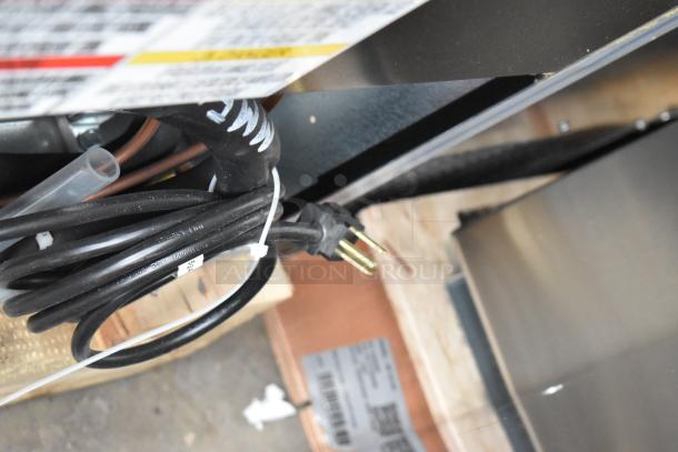 Beverage Air MMF12HC-1-B power cord, plug, and label details. New, scratch and dent condition. 115V, 1 phase.