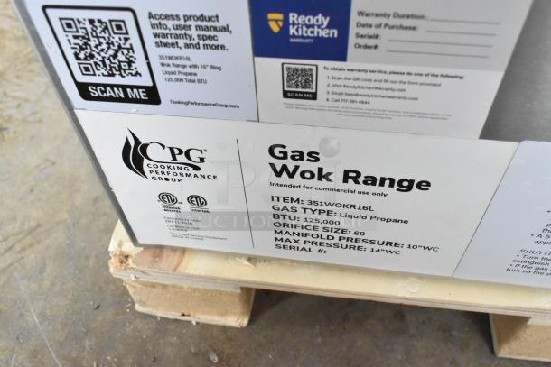 BRAND NEW Cooking Performance Group WOKR16L Liquid Propane Wok Range with 16" Ring, 125,000 BTU, model 351WOKR16L.