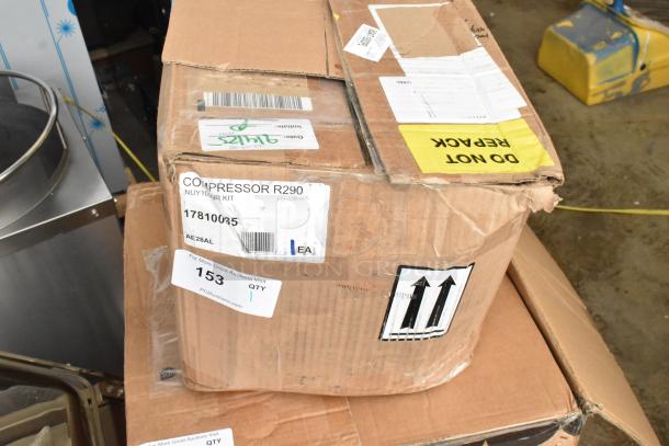 Brand new Avantco 17810035 compressor for SS-PT-71 and APT-71 series, R-290, in scratched box, auction tag visible.