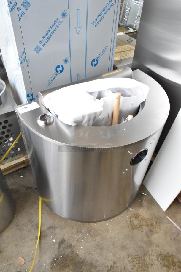 Brand new KoolMore receptacle, stainless steel, scratch and dent condition, visible thermometer, protective wrap intact.