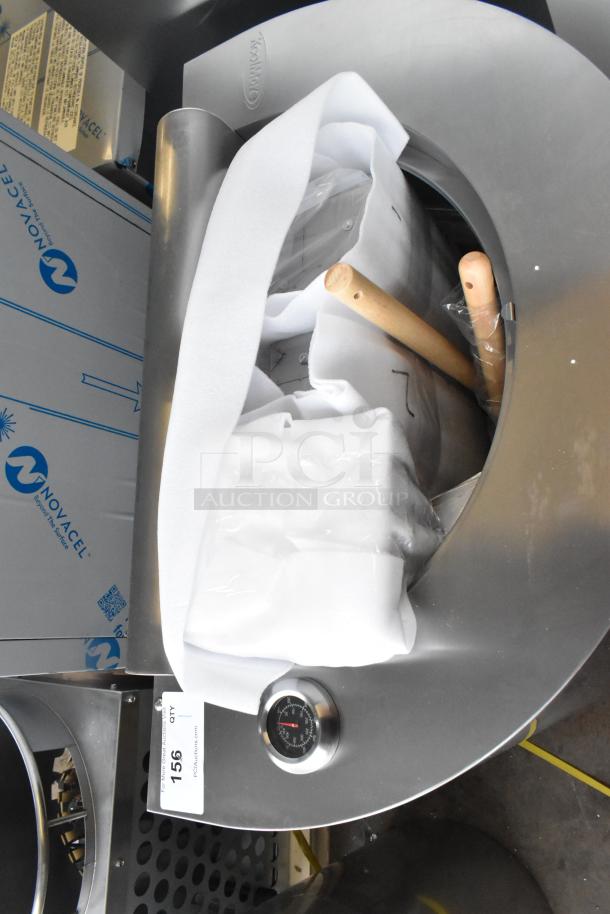 Brand new KoolMore receptacle, scratch and dent condition, stainless steel with packaging, features a temperature gauge.