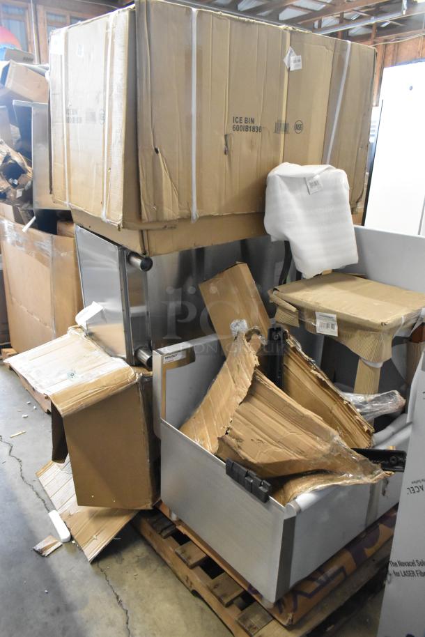 Nine brand new Follett items, including a bar stool, ice bin, and utility sink, packaged in slightly damaged boxes.