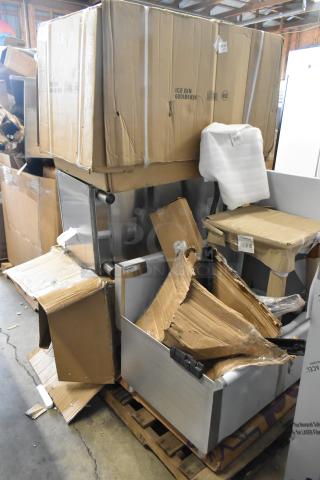 Nine brand new Follett items, including a bar stool, ice bin, and utility sink, packaged in slightly damaged boxes.