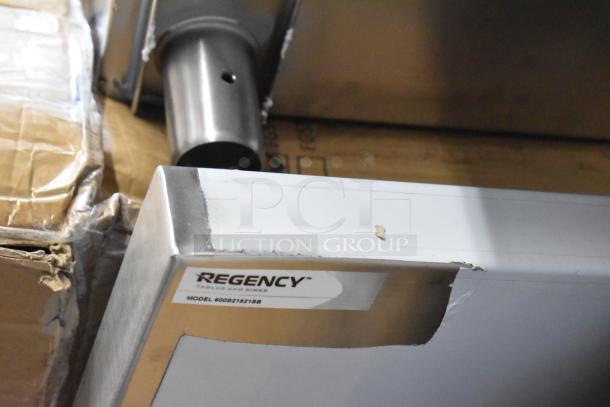 9 new scratch and dent Follett items, including a bar stool, ice bin, and utility sink. Regency label indicates model 600S218213B.