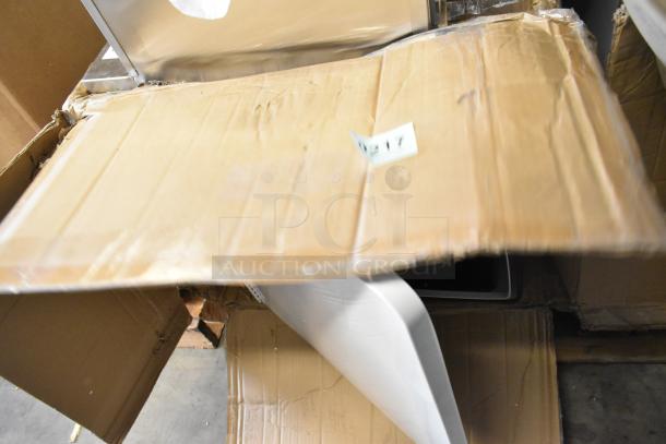 9 new scratch and dent items including Follett bar stool, ice bin, utility sink. Visible box wear, item condition unknown.