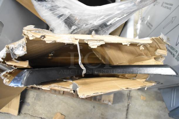 Damaged cardboard box containing a Follett item with visible black metal part, indicating scratch and dent condition.