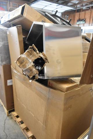 Boxed lot of 14 new scratch and dent items, includes Koala Kare high chair, Regency ice bin, and Regency sink.