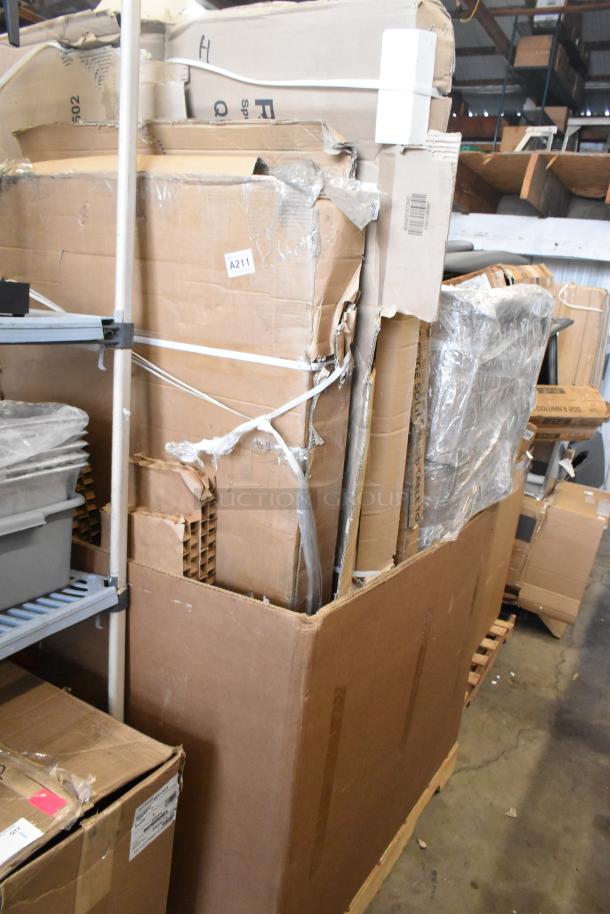 Six brand new, scratch and dent items in original packaging including Regency shelf and Steelton table. Box labeled A211.