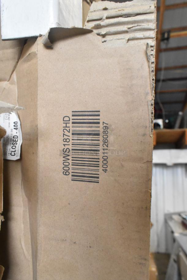 A cardboard box showing a barcode with the code 600WS1872HD. Box appears slightly damaged but intact.