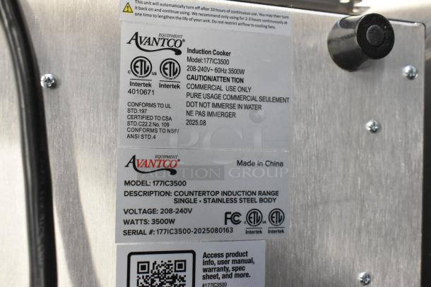BRAND NEW Avantco 177IC3500 Countertop Induction Range; 208-240V, 1 Phase, 3500W; stainless steel body; commercial use.