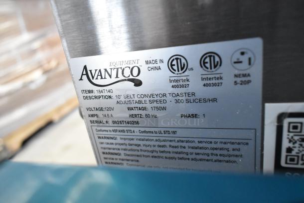 BRAND NEW Avantco 184T140 Commercial Conveyor Toaster, 10" wide, 3" opening, 120V, 1 Phase, 1750W, 300 slices/hr, scratch and dent condition.
